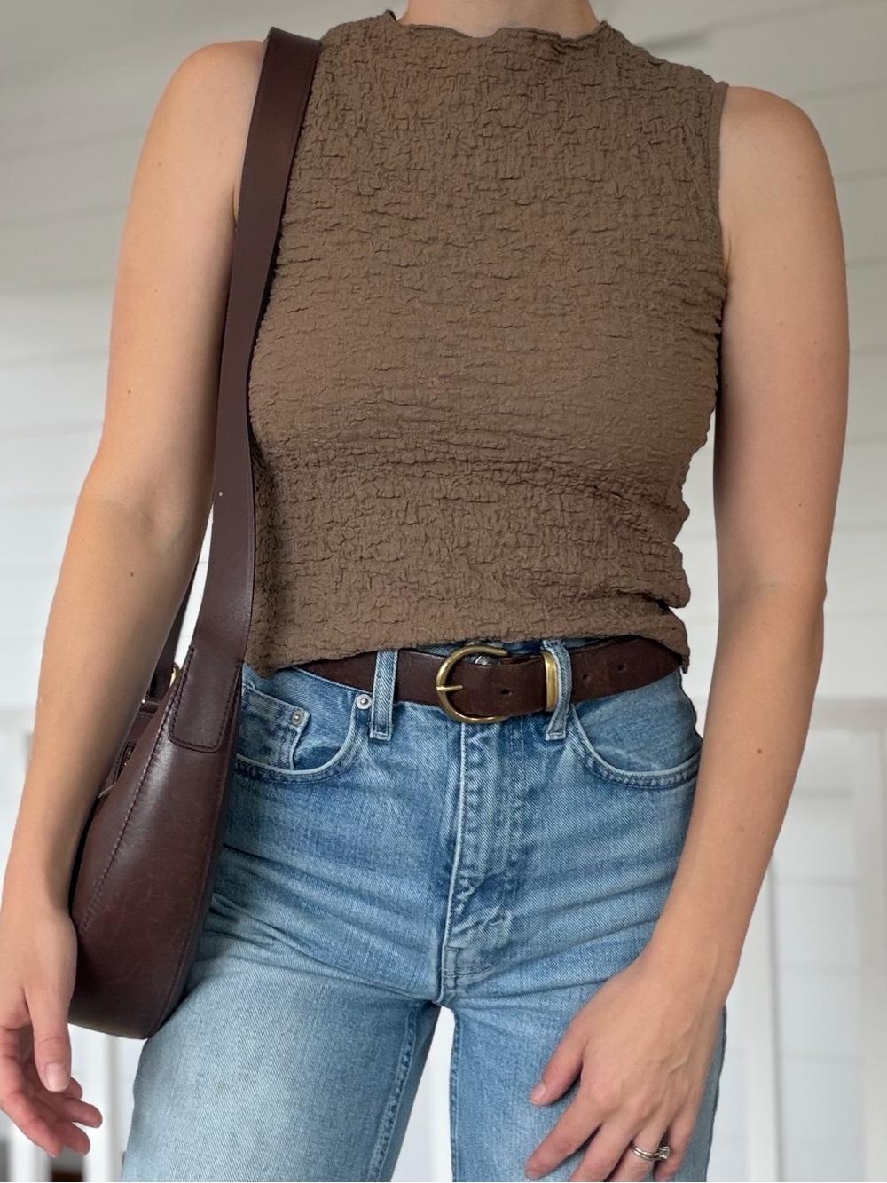 NWT Monk & Lou Textured Cotton Teya High Neck Top Mushroom Taupe Brown Small